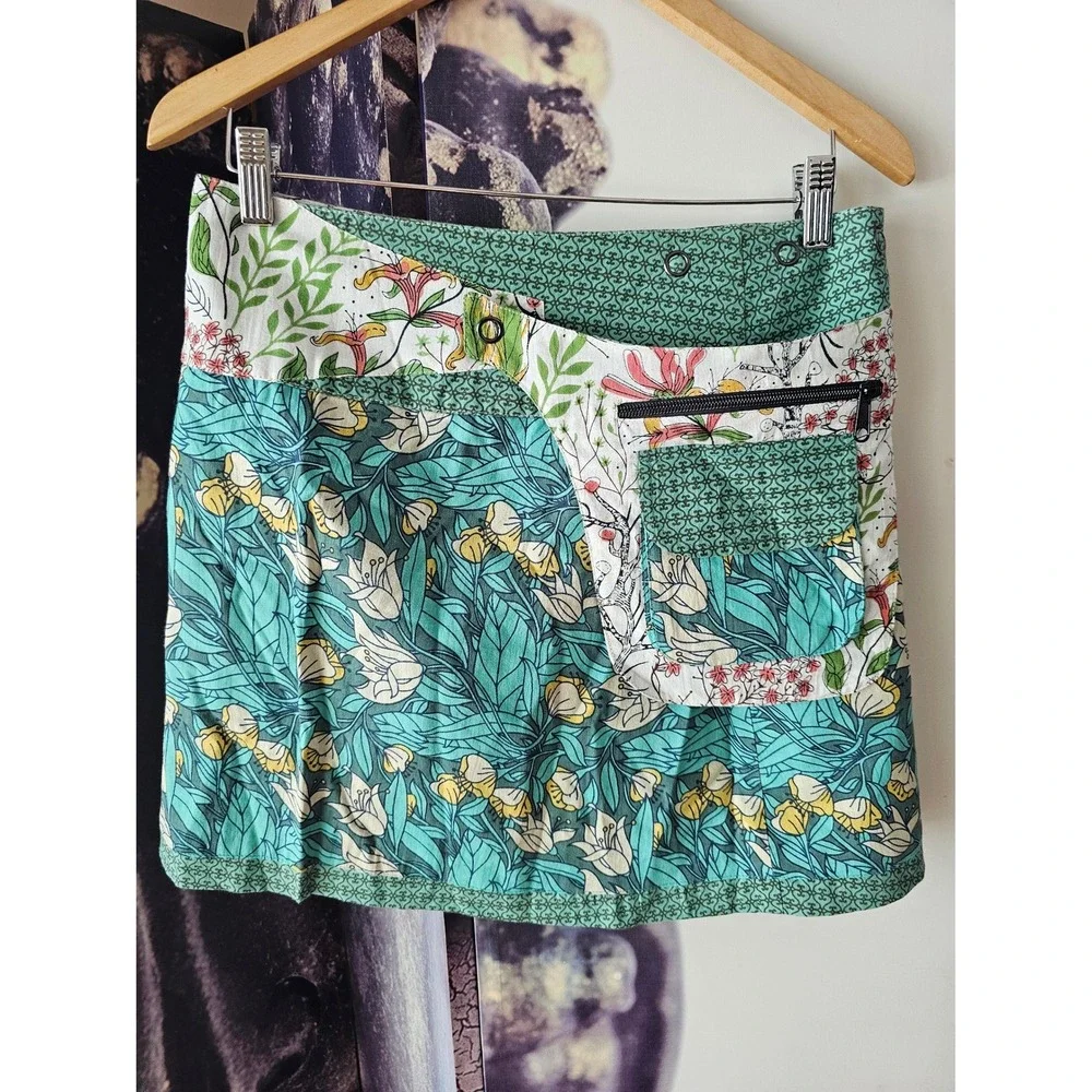 ASHA Floral Reversible Full Wrap Skirt‎ Pockets Teal Green Cotton Patchwork OSFM